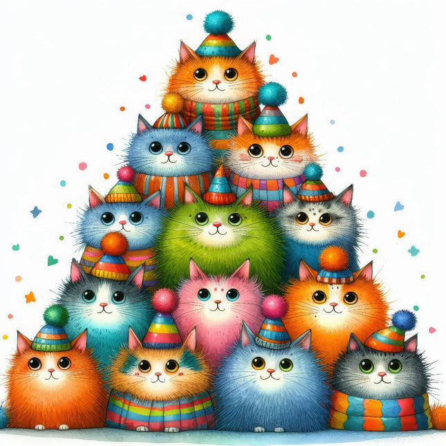 A colorful fabric panel featuring a block of cute, cartoon cats in various colors wearing striped hats and scarves.