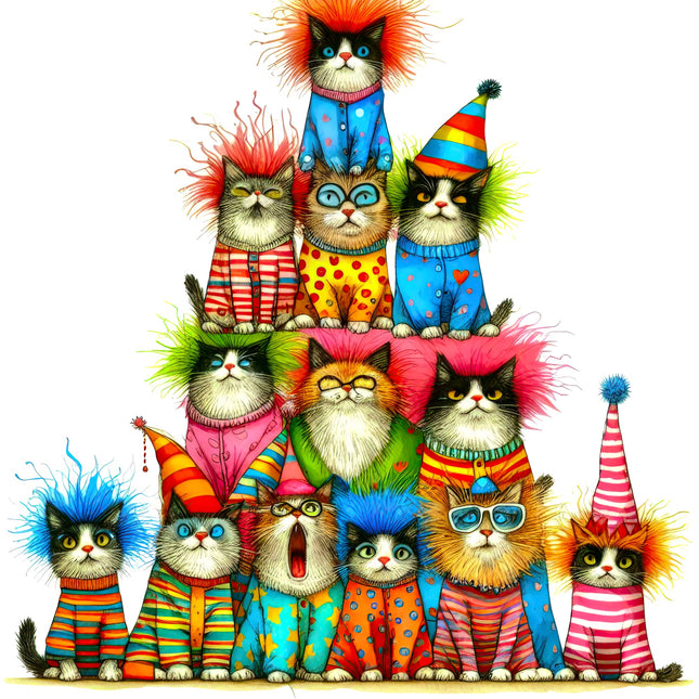 Colorful illustration of cats wearing various outfits and hats on a white background fabric panel