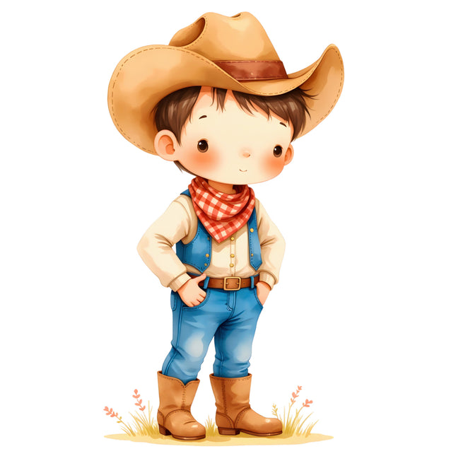 cartoon cowboy with a hat, boots, and overalls fabric panel