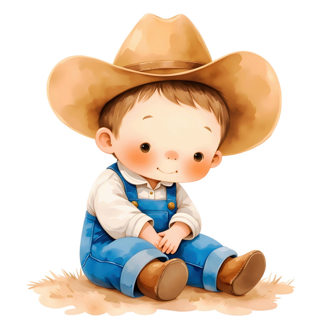 child in a cowboy outfit with a large cowboy hat fabric panel