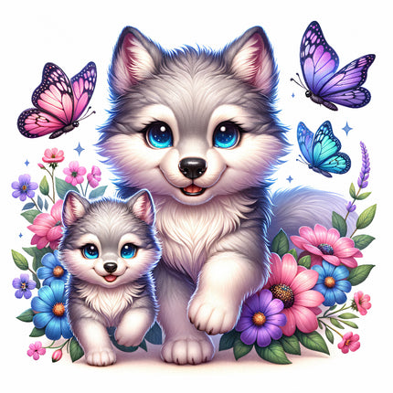 A digitally printed fabric panel featuring a stylized wolf with blue eyes and butterflies with flowers.