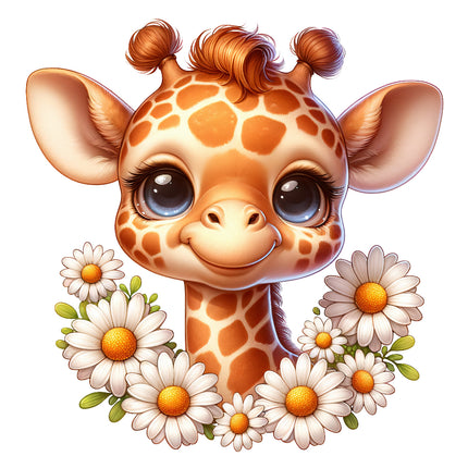 A digitally printed fabric panel featuring a cute giraffe with flowers.