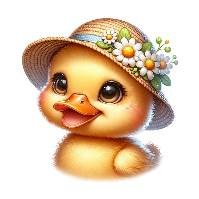 A digitally printed fabric panel featuring a cute duckling with a straw hat decorated with flowers.