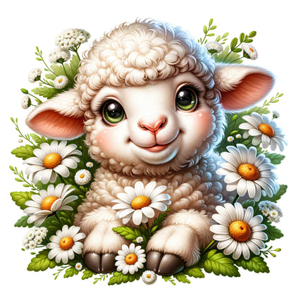 A digitally printed fabric panel featuring a cute sheep with green eyes among white and yellow flowers.