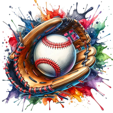 A colorful artistic representation of a baseball with a glove, featuring vibrant paint splatters in multiple colors around the design.