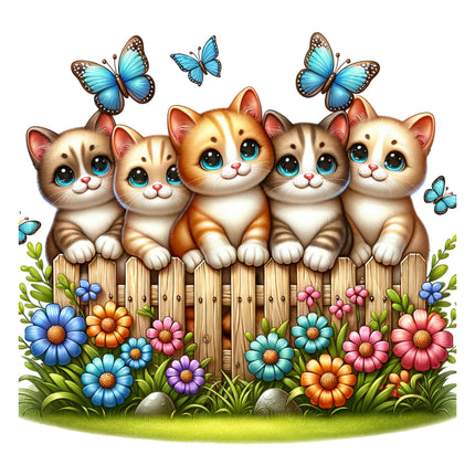 A colorful fabric panel featuring a block of cute cats sitting on a fence with butterflies and flowers.