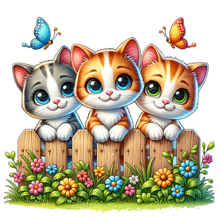 A fabric panel featuring a pattern with cats and butterflies, with three cats in different colors sitting on a fence, surrounded by colorful flowers and butterflies in flight.