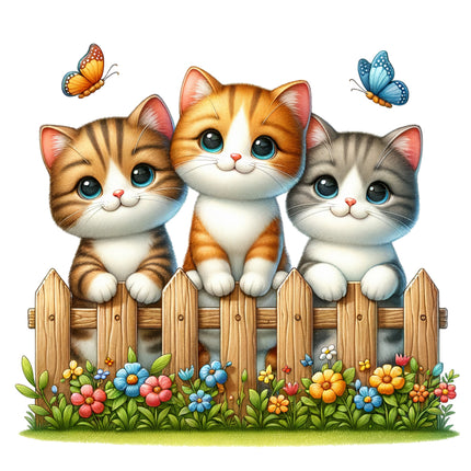 A fabric panel featuring three cartoon cats sitting on a fence fabric panel