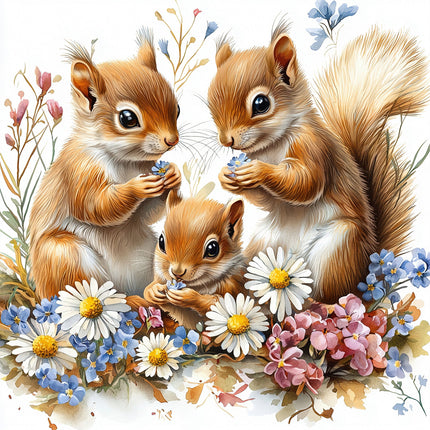A digitally printed 100% cotton fabric panel featuring three squirrels
