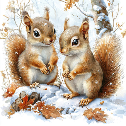 A digitally printed 100% cotton fabric panel featuring two squirrels sitting on snow-covered ground with leaves and a tree in the background.