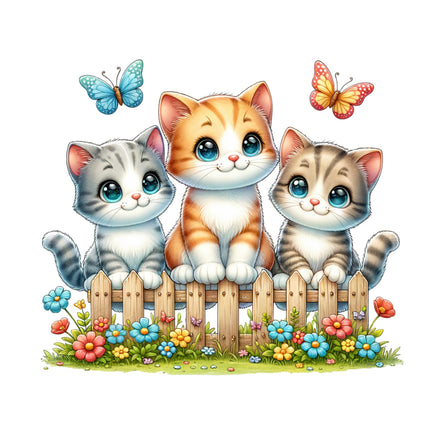 A colorful illustration of three cartoon cats fabric panel