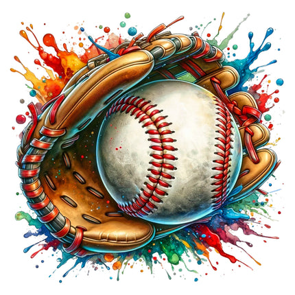 A colorful artistic representation of a baseball with a glove, featuring splashes of multiple colors fabric panel