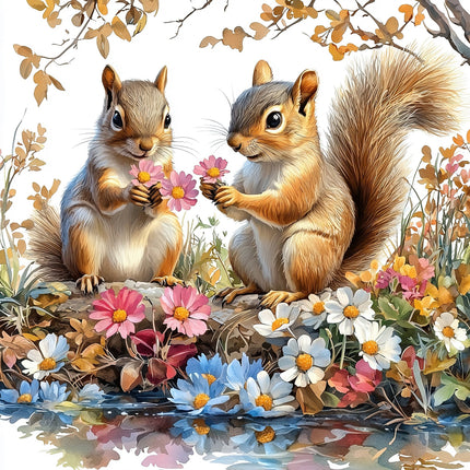 A digitally printed 100% cotton fabric panel featuring two squirrels 