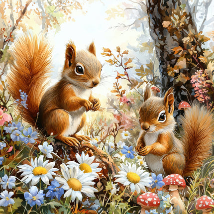 A fabric panel featuring an illustration of two squirrels sitting on a fence 