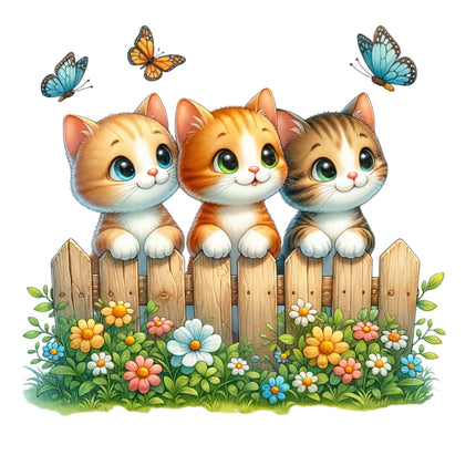 A colorful fabric panel featuring three cartoon cats sitting on a fence with butterflies and flowers.