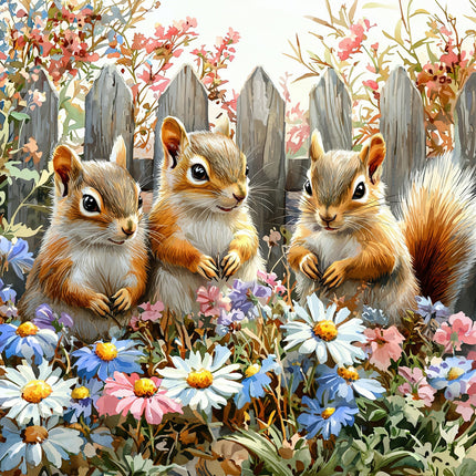 A fabric panel featuring an illustration of three squirrels 