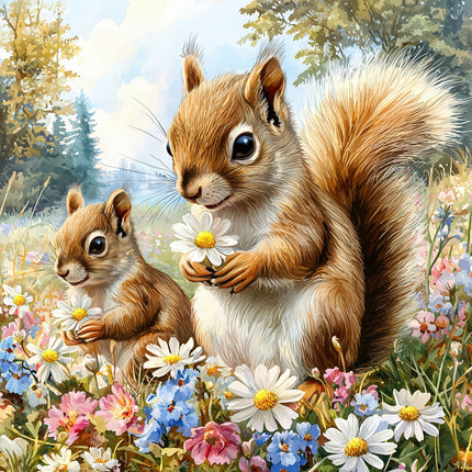 A digitally printed 100% cotton fabric panel featuring two squirrels among colorful flowers.