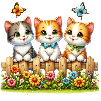 A fabric panel featuring three cartoon cats sitting on a wooden fence with colorful flowers and butterflies around them.