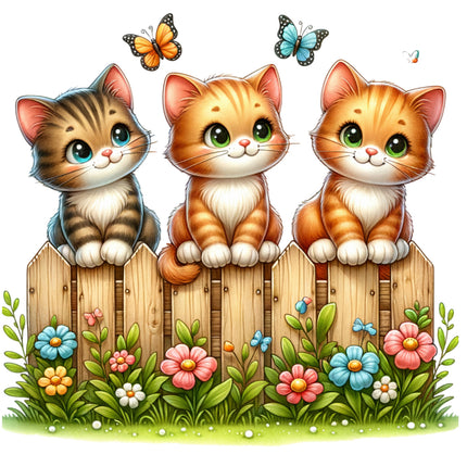 A fabric panel featuring three cartoon cats sitting on a fence with butterflies and flowers.