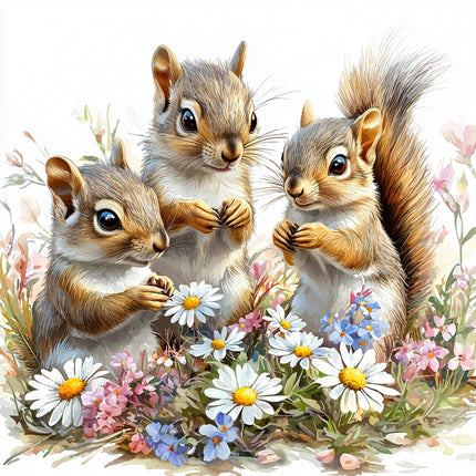 A digitally printed 100% cotton fabric panel featuring three squirrels