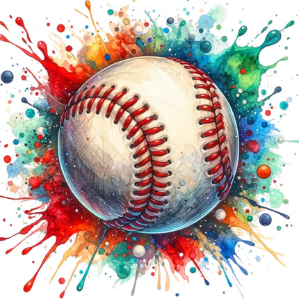 A digitally printed 100% cotton fabric panel featuring a colorful and artistic representation of a baseball with a vibrant paint splash background.