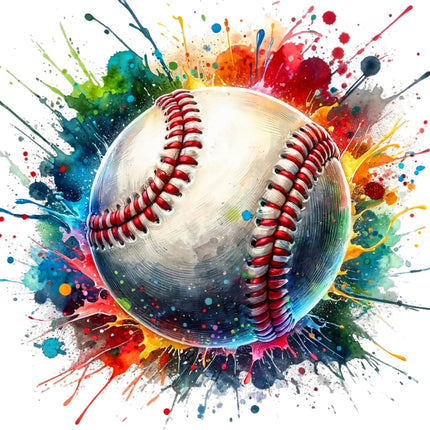 A digitally printed 100% cotton fabric panel featuring a colorful artistic depiction of a baseball with a vibrant paint splash background.