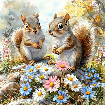A digitally printed 100% cotton fabric panel featuring two squirrels sitting on a rock surrounded by colorful flowers.
