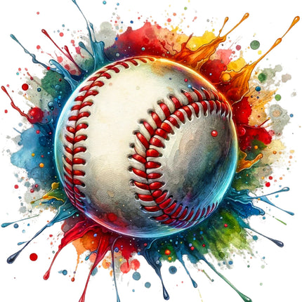 A digitally printed 100% cotton fabric panel featuring a colorful splash around a baseball in the center.