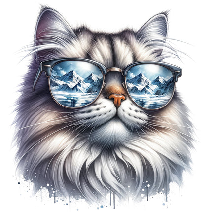 A digitally printed fabric panel featuring a stylized image of a cat wearing sunglasses with a mountainous landscape reflection in the glasses.