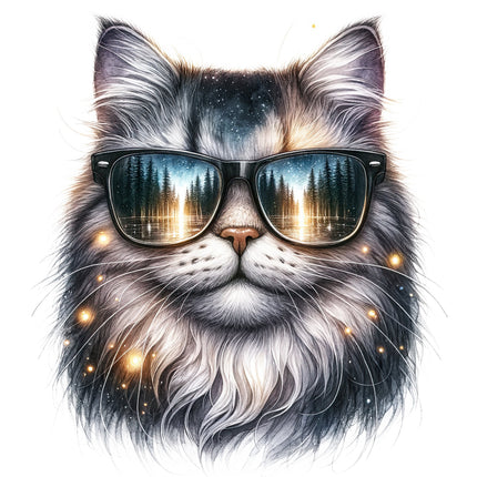 A digitally printed fabric panel featuring a stylized image of a cat wearing sunglasses with a reflection of a forest in the sunglasses.
