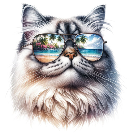 A digitally printed fabric panel featuring a cat wearing beach sunglasses with a reflection of a beach scene.