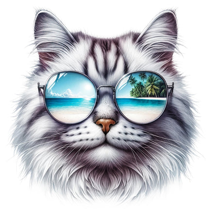 A digitally printed fabric panel featuring a cat wearing beach sunglasses with a reflection of a beach and palm trees in the sunglasses.