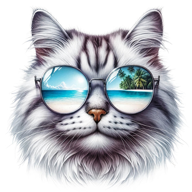 A digitally printed fabric panel featuring a cat wearing beach sunglasses with a reflection of a beach and palm trees in the sunglasses.