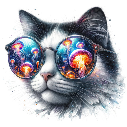 A digitally created image of a cat wearing sunglasses fabric panel