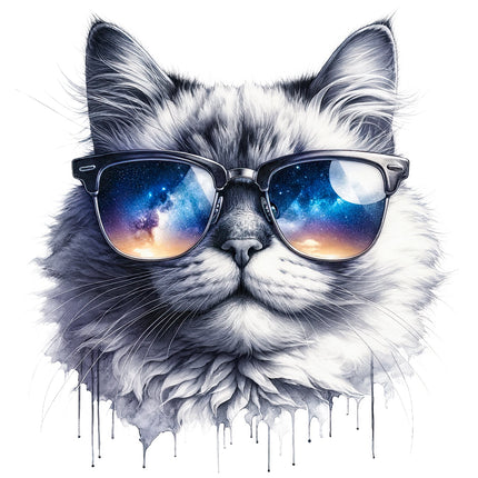 A digitally printed fabric panel featuring a stylized image of a cat wearing sunglasses with a galaxy space background.