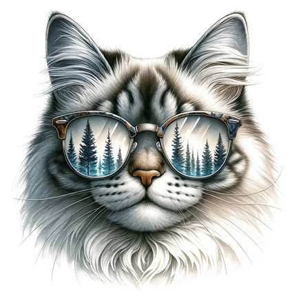 A digitally printed 100% cotton fabric panel featuring a cat wearing sunglasses with a reflection of a forest.