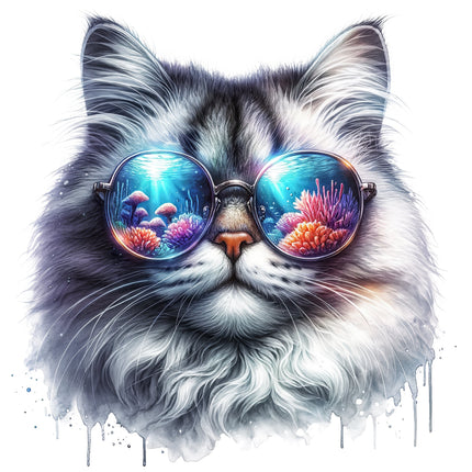 A digitally printed fabric panel featuring a cat wearing sunglasses with a colorful sea and coral reflection.