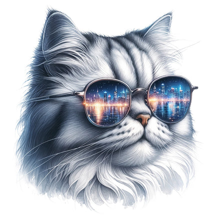 A digitally printed fabric panel featuring a cat wearing sunglasses with a cityscape reflection.