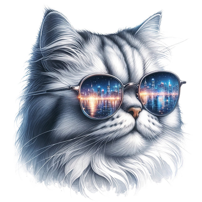 A digitally printed fabric panel featuring a cat wearing sunglasses with a cityscape reflection.