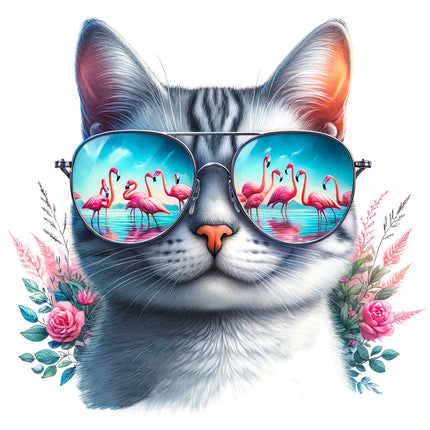 A digitally printed fabric panel featuring a cat wearing sunglasses with a reflection of flamingos in the sunglasses, surrounded by floral designs.