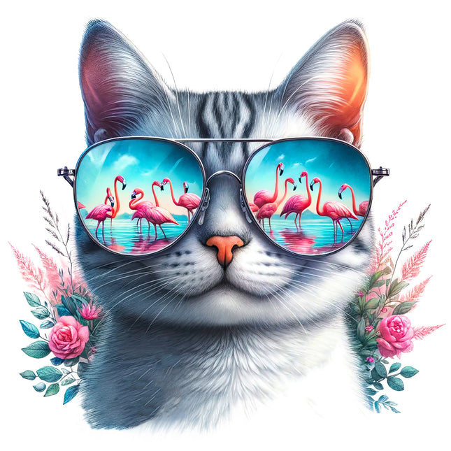 A digitally printed fabric panel featuring a cat wearing sunglasses with a reflection of flamingos in the sunglasses, surrounded by floral designs.