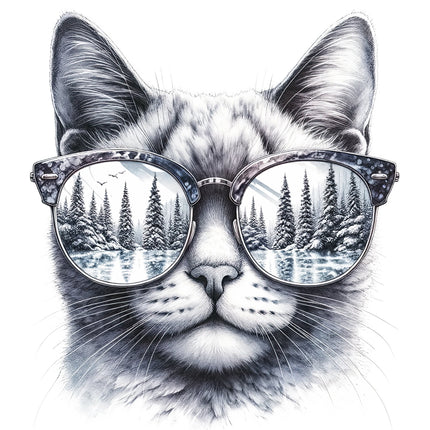A digitally printed 100% cotton fabric panel featuring a cat wearing sunglasses with a reflection of trees in the lenses.