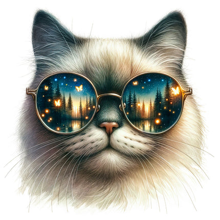 A digitally printed fabric panel featuring a cat wearing sunglasses with a night sky and fireflies reflected in the sunglasses.
