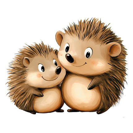 Two cartoon hedgehogs hugging fabric panel