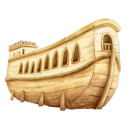 A digitally printed 100% cotton fabric panel featuring a quilt block design with a representation of Noah's Ark.