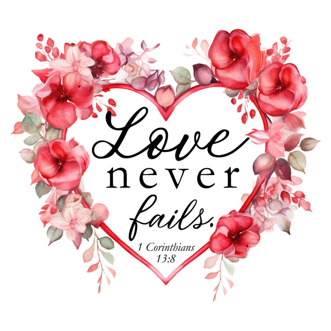 A fabric panel with a floral design and the text 'Love never fails. 1 Corinthians 13:8' displayed in the center.