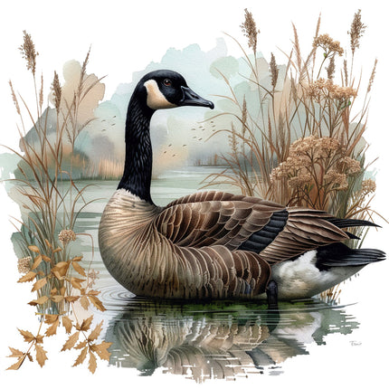 A digitally printed 100% cotton fabric panel featuring a realistic image of a goose surrounded by a wetland environment with water and grasses.