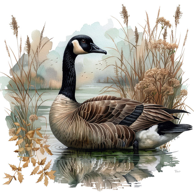 A digitally printed 100% cotton fabric panel featuring a realistic image of a goose surrounded by a wetland environment with water and grasses.