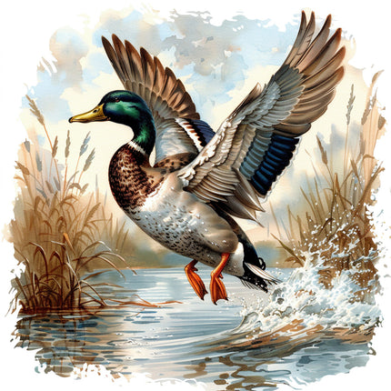 A digitally printed 100% cotton fabric panel featuring a mallard duck with wings spread, landing in water with surrounding grasses.