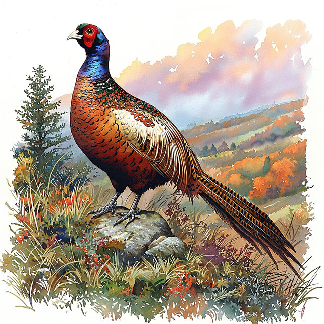 A fabric panel featuring an illustration of a pheasant standing in a grassy field with trees and a blue sky in the background.
